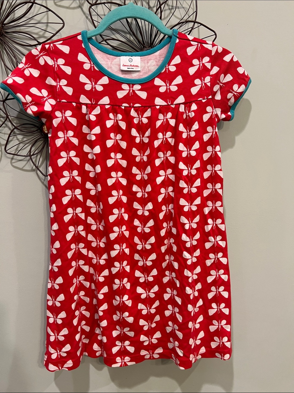 Hanna Andersson Red Dress with White Butterfly Print and Teal Trim